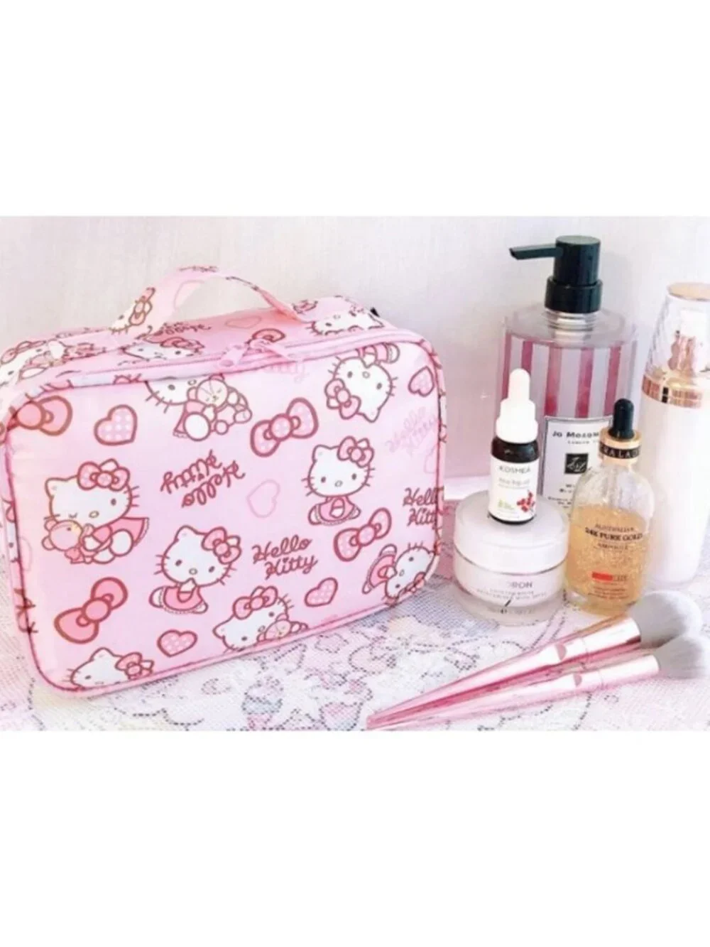 Hello Kitty Pink Waterproof Cosmetic Bag – Kawaii Travel Makeup Organizer